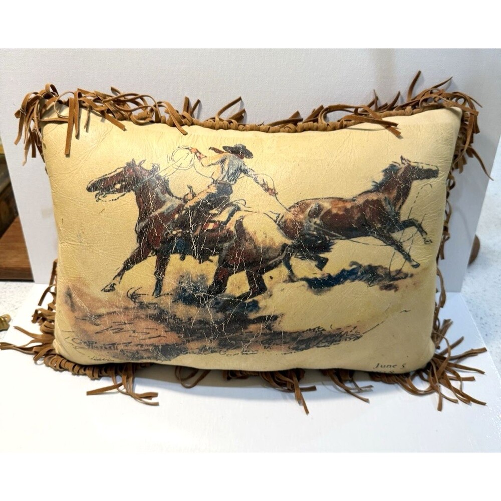 Handmade Rodeo Bronc Rider Horse Pillow Leather Fringe Western 13" Brown